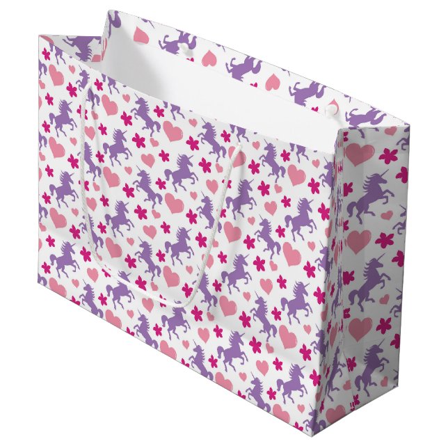 Grand Sac Cadeau Unicorns & Hearts Motif (Devant Angle)