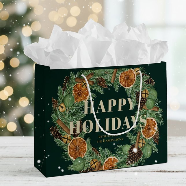 Grand Sac Cadeau Vacances Pin Rustique Séché Orange Aquarelle Wreat (Créateur téléchargé)