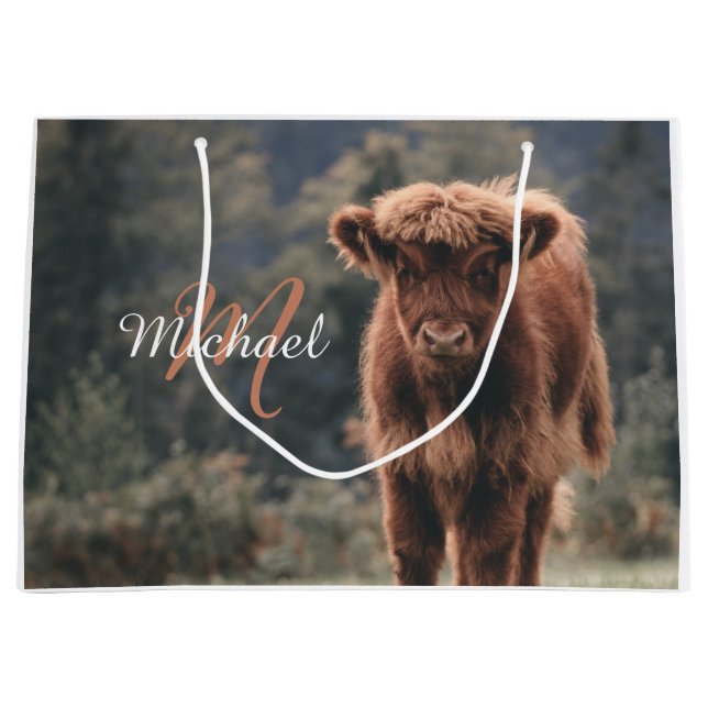 Grand Sac Cadeau Vache de Highland calvaire herbe d'automne monogra (Devant)