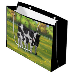 Grand Sac Cadeau Vache Holstein et veau mignon en pâturage d'été
