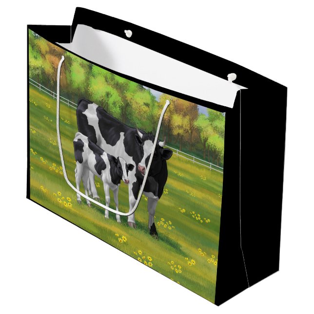 Grand Sac Cadeau Vache Holstein et veau mignon en pâturage d'été (Devant Angle)