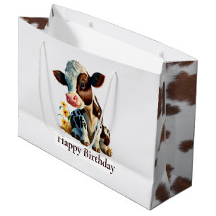 Grand Sac Cadeau Vache Joyeux Anniversaire Blancs