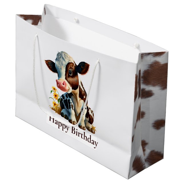 Grand Sac Cadeau Vache Joyeux Anniversaire Blancs (Devant Angle)