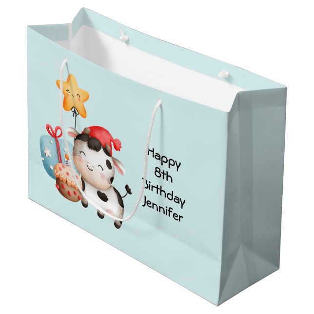Grand Sac Cadeau Vache souriante mignonne adorable Anniversaire (Devant Angle)