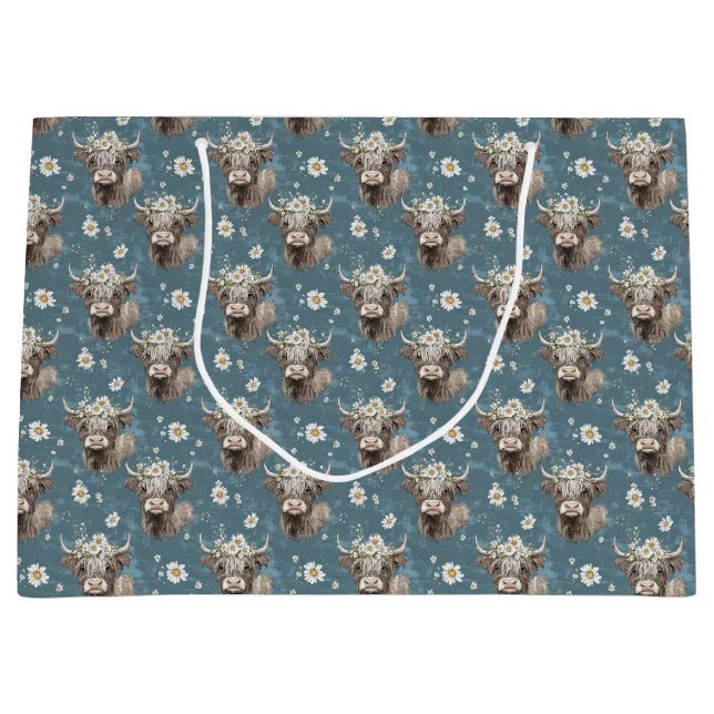 Grand Sac Cadeau Vaches et fleurs des Highlands (Devant)