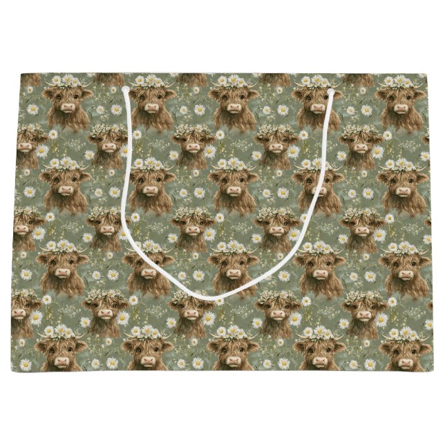Grand Sac Cadeau Vaches et fleurs des Highlands (Devant)