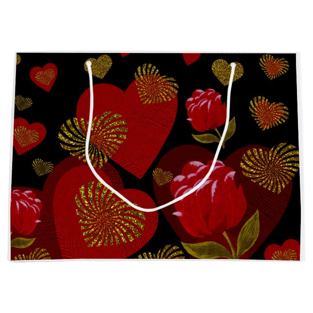 Grand Sac Cadeau Valentine Red Gold coeur rouge roses sur noir (Devant)