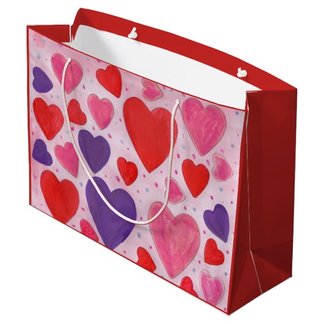 Grand Sac Cadeau Valentines Coeurs Motif en rose rouge violet (Dos Angle)