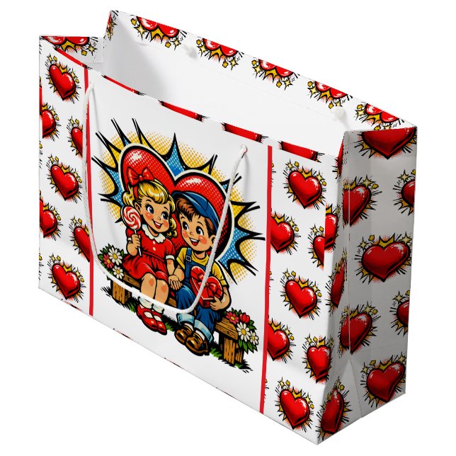 Grand Sac Cadeau Valentine's Day | Retro Pop Art Boy and Girl (Devant Angle)
