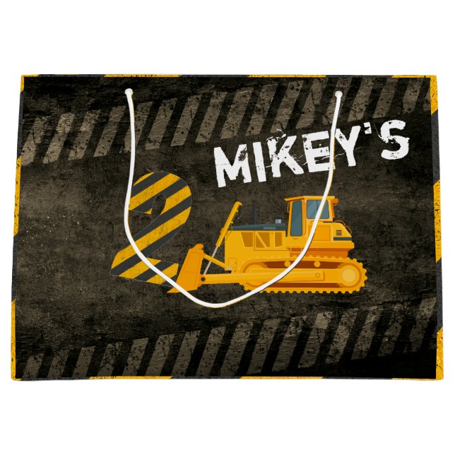 Grand Sac Cadeau Véhicule de construction noir et jaune| 2e anniver (Devant)