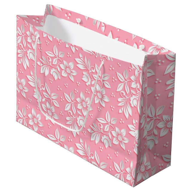 Grand Sac Cadeau Verre blanc rose floral moderne (Devant Angle)