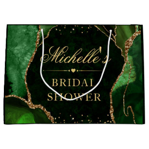 Grand Sac Cadeau Vert et Or Paillettes Marbre Agate Lavage de Noces