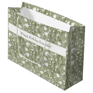 Grand Sac Cadeau Vert sauge et floral blanc pour son anniversaire