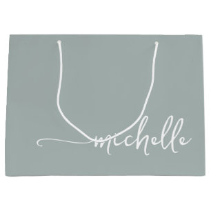 Grand Sac Cadeau Vert Sauge Monogramme Nom Écriture Calligraphique