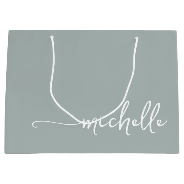 Grand Sac Cadeau Vert Sauge Monogramme Nom Écriture Calligraphique (Devant)