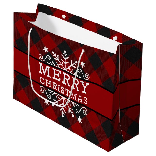Grand Sac Cadeau Vichy Joyeux Noël flocon de neige  (Devant Angle)