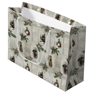 Grand Sac Cadeau Vignettes de Noël victoriennes avec verdure d'hiv