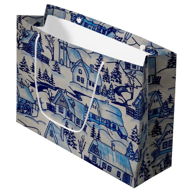 Grand Sac Cadeau Vintage Blue Christmas Village (Devant Angle)