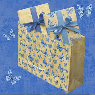 Grand Sac Cadeau Vintage Chinoiserie Papillons bleus Damas dénaturé