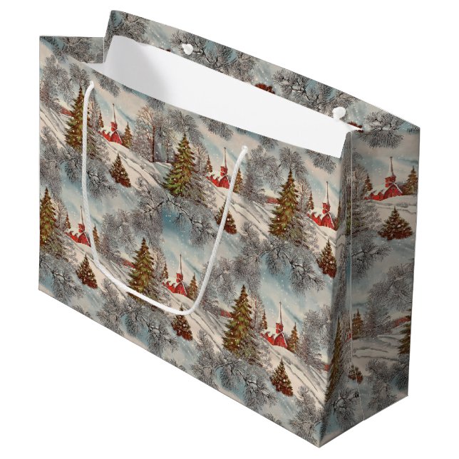 Grand Sac Cadeau Vintage Christmas Glittering Winter Village  (Devant Angle)