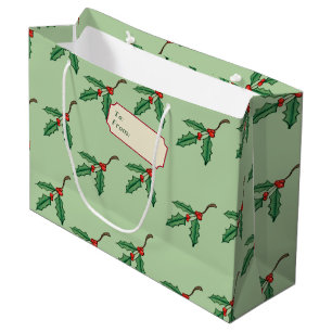 Grand Sac Cadeau Vintage Christmas Holly Nom de l'étiquette Cadeau