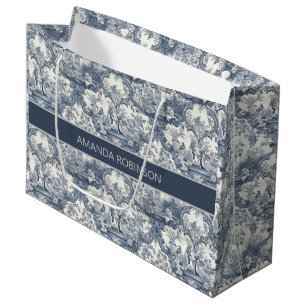 Grand Sac Cadeau Vintage damas à fleurs Bleu toile de jouy monogram