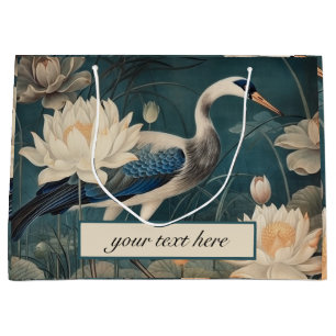 Grand Sac Cadeau Vintage grue bleu botanique personnalisable