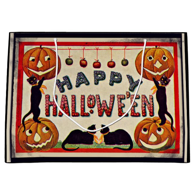 Grand Sac Cadeau Vintage Halloween Citrouille Black Cats (Devant)