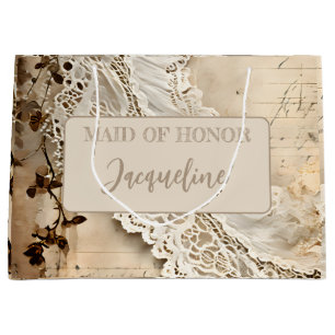 Grand Sac Cadeau Vintage Lace Trim Maid of Honor Personnalisé
