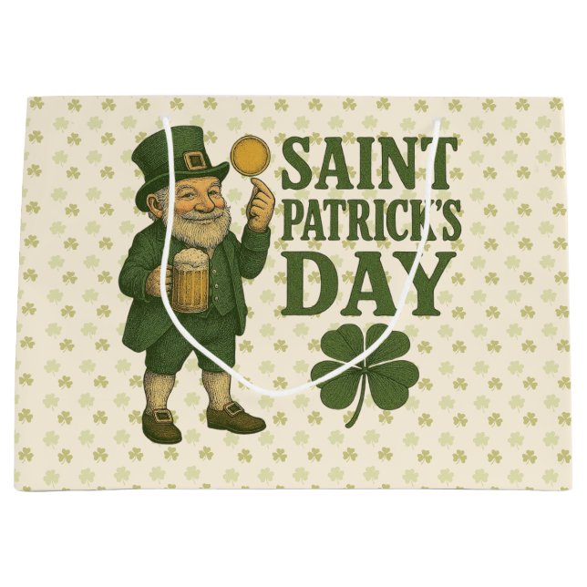 Grand Sac Cadeau Vintage, lutin Saint-Patrick (Devant)