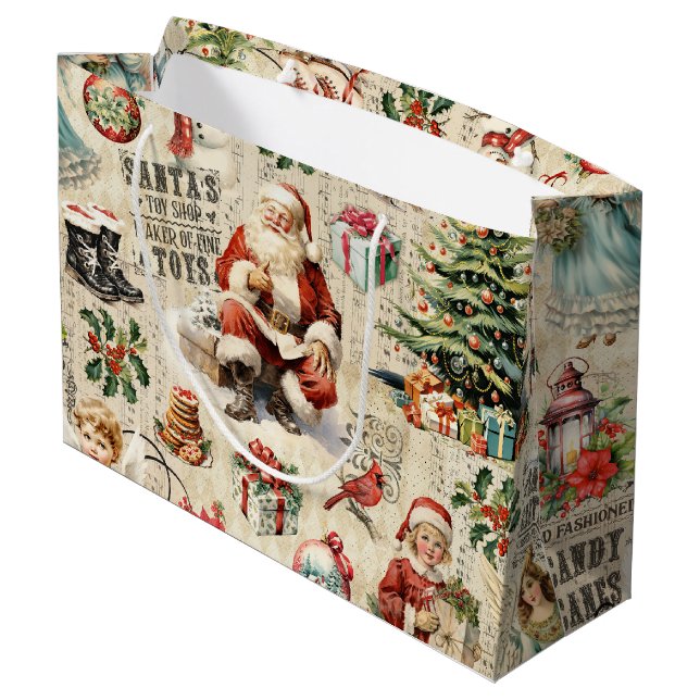 Grand Sac Cadeau Vintage Noël Collage Découpage (Dos Angle)