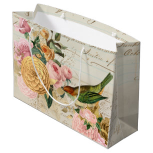Grand Sac Cadeau Vintage oiseau chanteur or rousse rose