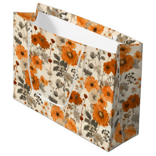 Grand Sac Cadeau Vintage Rustique Burnt Orange Automne Fleurs Motif