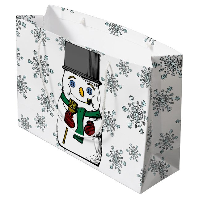 Grand Sac Cadeau Vintage Snowman Snowflakes Vacances d'hiver (Dos Angle)