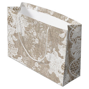 Grand Sac Cadeau Vintage traditionnel rustique burlap et dentelle