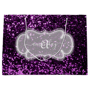 Grand Sac Cadeau Violet Purple Monogramme Nom Parties scintillant B