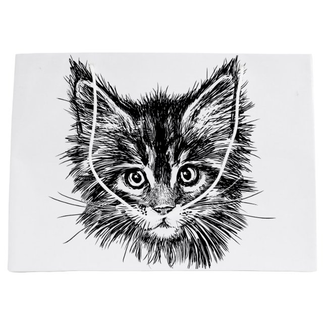 Grand Sac Cadeau Visage de Kitten noir et blanc (Devant)