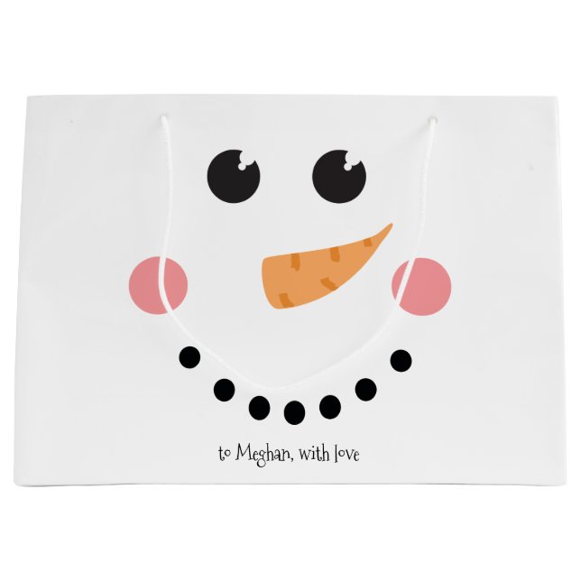 Grand Sac Cadeau Visage Snowman mignon avec nom personnalisé (Devant)