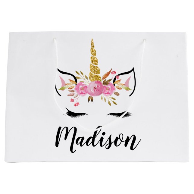 Grand Sac Cadeau Visage Unicorne avec cils Nom personnalisé (Devant)