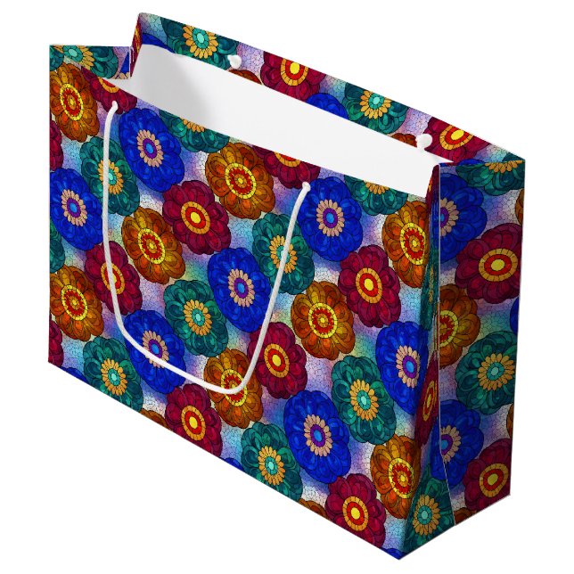 Grand Sac Cadeau Vitrail Abstrait Rouge Vert Bleu Orange (Devant Angle)