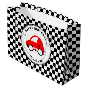 Grand Sac Cadeau Voiture rouge et noire À damiers Anniversaire