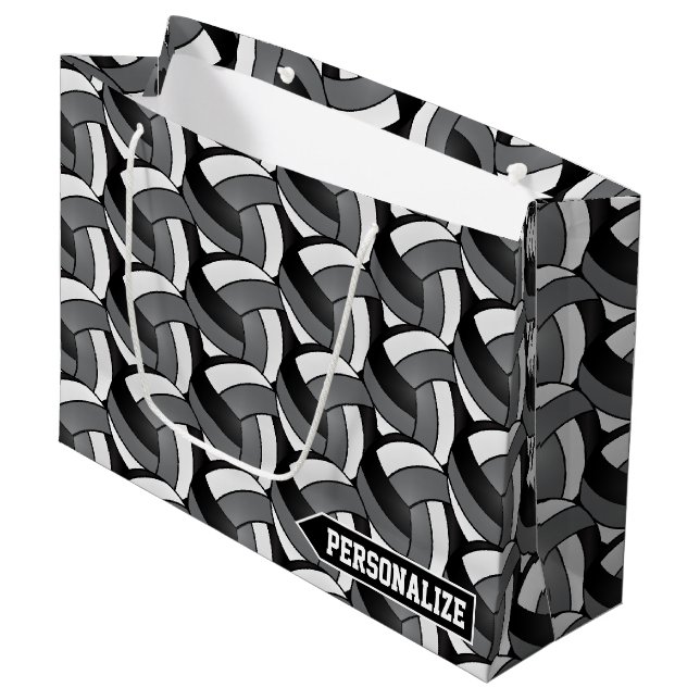 Grand Sac Cadeau Volley-ball gris, noir et blanc - Personnaliser (Devant Angle)