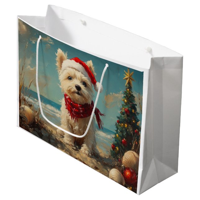 Grand Sac Cadeau West Highland White Terrier Dog Christmas Beach (Devant Angle)