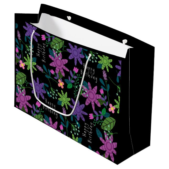 Grand Sac Cadeau Whimsical Colorful Floral Joyeux Anniversaire (Devant Angle)