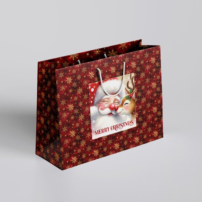 Grand Sac Cadeau Whimsical Holiday Santa and Red Nose Rudolph Bag (Whimsical Holiday Santa and Red Nose Rudolph Bag)
