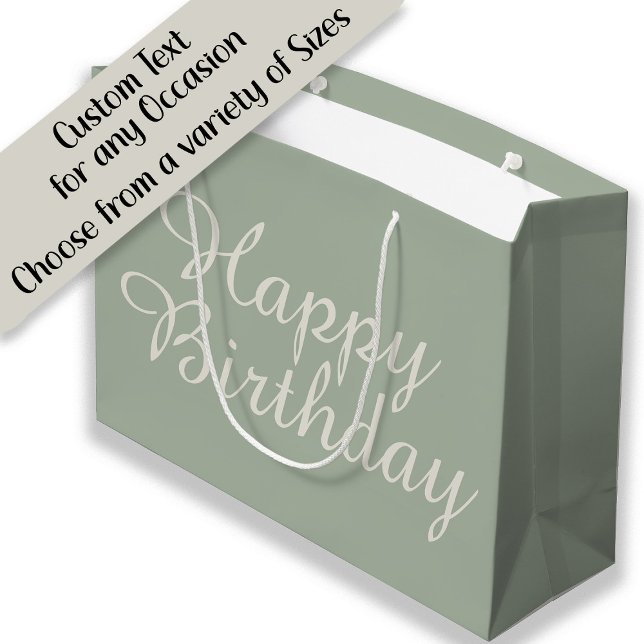 Grand Sac Cadeau White Sage Green Joyeux cadeau d'anniversaire (Sage green and cream birthday party gift bag)