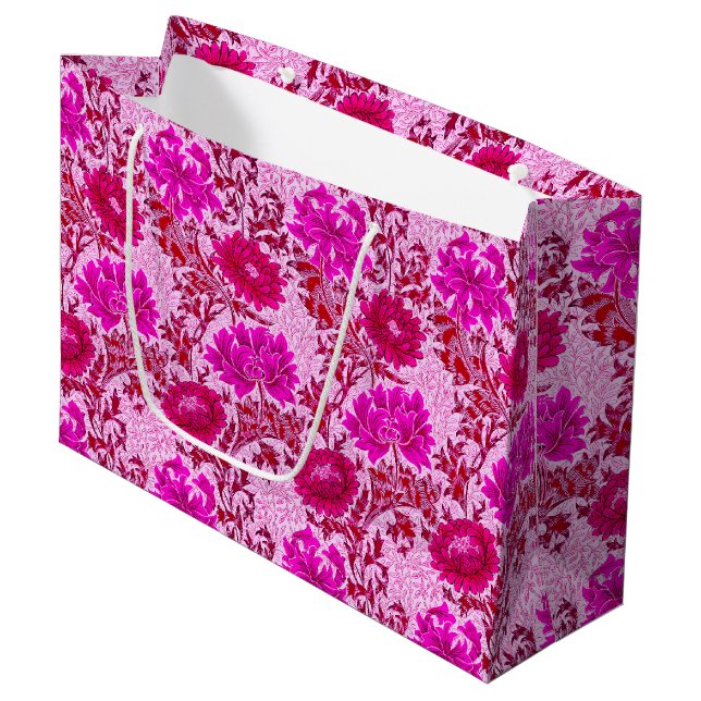 Grand Sac Cadeau William Morris Chrysanthemums, Bourgogne et rose (Devant Angle)