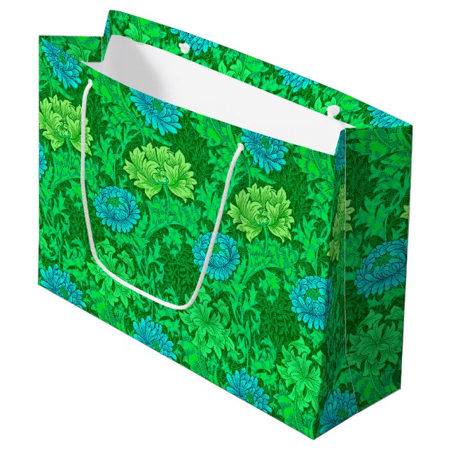 Grand Sac Cadeau William Morris Chrysanthemums, Lime Green & Aqua (Devant Angle)
