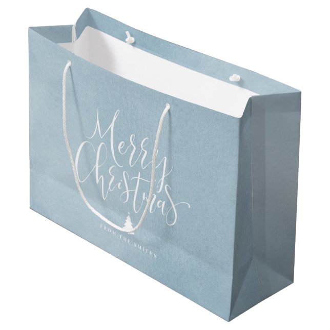 Grand Sac Cadeau Winter Blue Simple Calligraphie Joyeux Noël (Devant Angle)