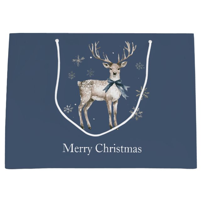 Grand Sac Cadeau Winter Wonderland Blue Deer Snowflakes Christmas (Devant)